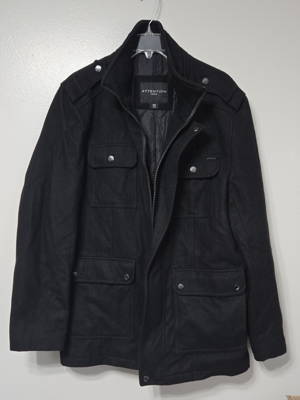 Attention Men's Black Wool Blend Military Field Jacket  Pockets Sizs M/M Utility